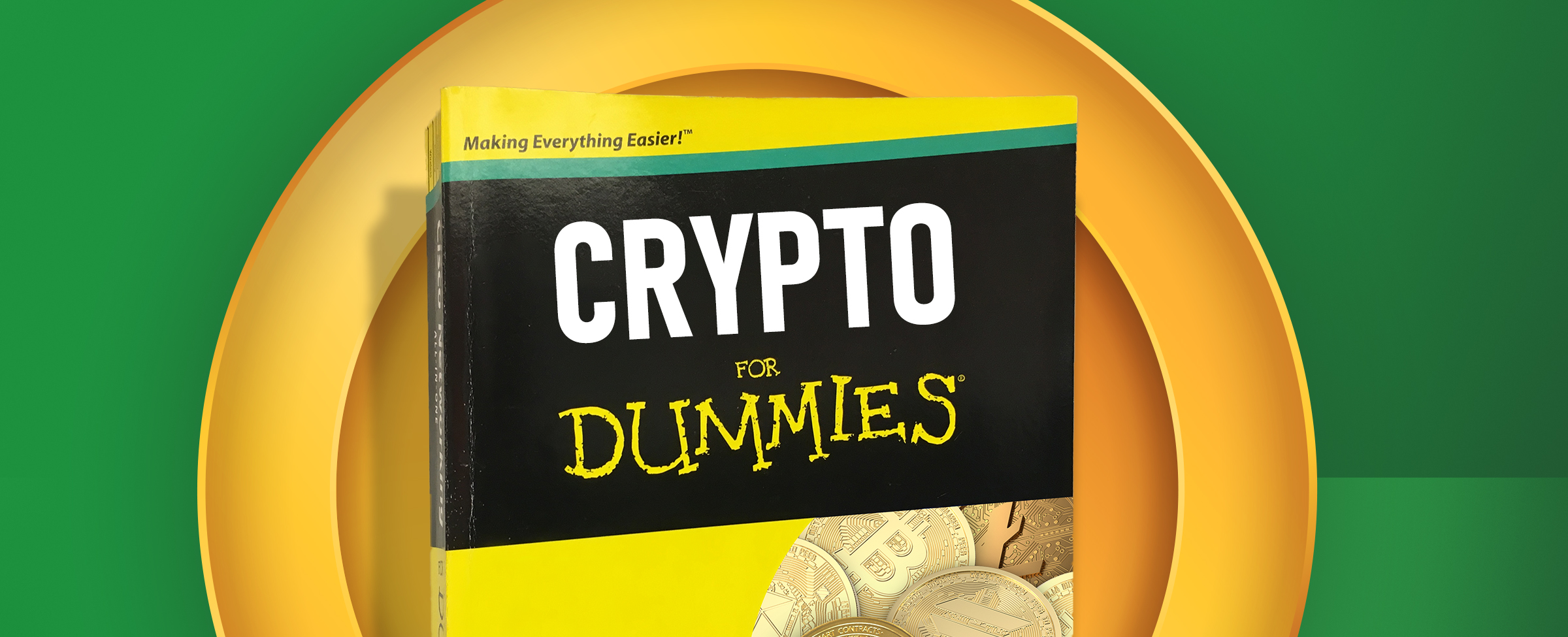 A book that reads ‘Crypto for Dummies’ is centred on a green background.