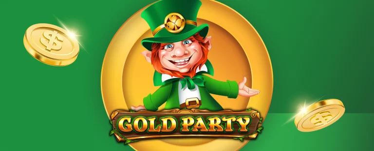 The logo of Joe Fortune online pokie, Gold Party is centred. Gold dollar coins also feature. On a green background.