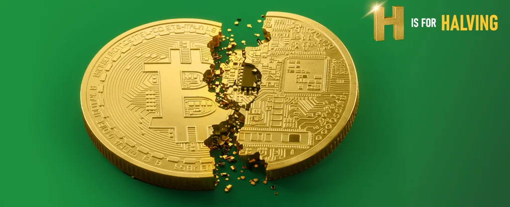 Image text reads "H is for halving". Green background with a bitcoin crumbling in the middle