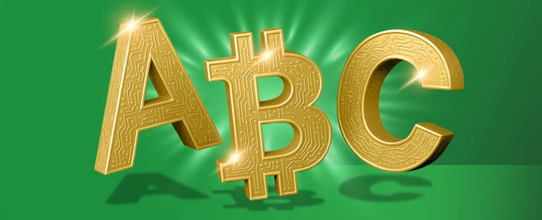 The image displays the letters A,B and C. The B letter is in the style of bitcoin. On a green background.
