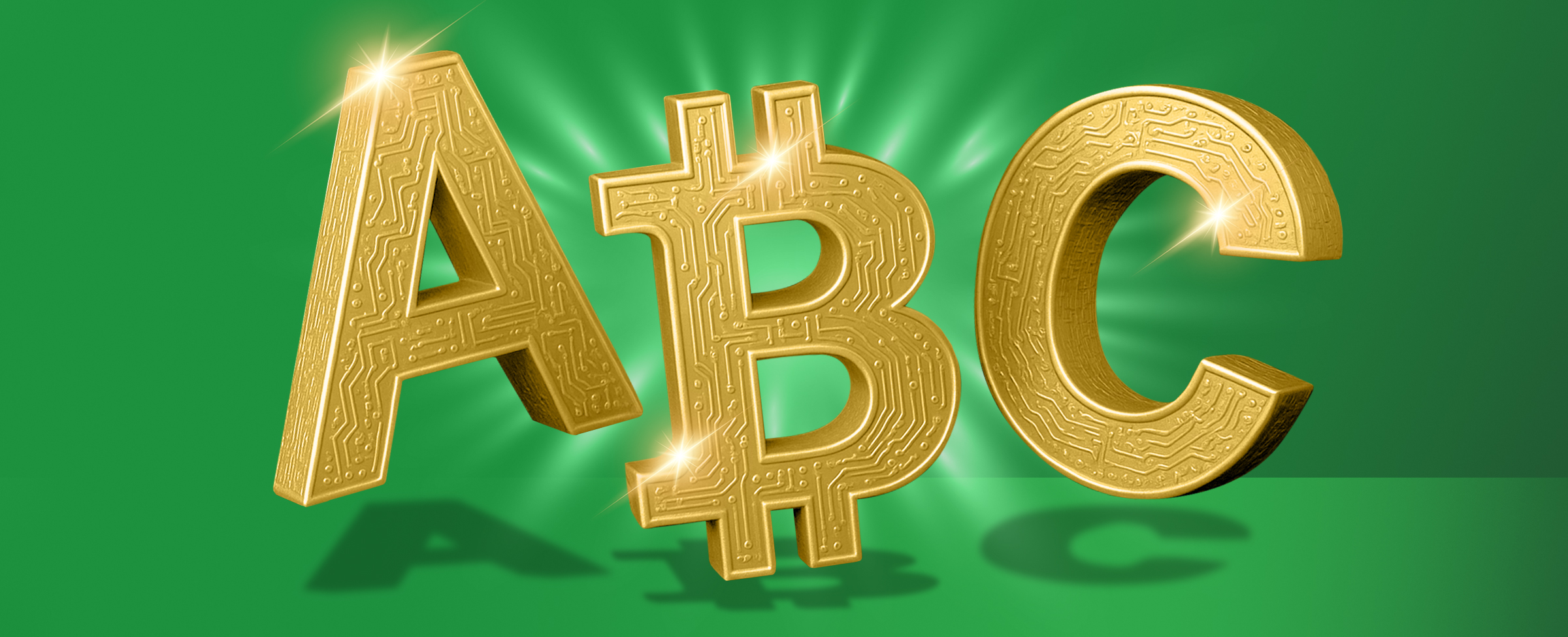 The image displays the letters A,B and C. The B letter is in the style of bitcoin. On a green background.