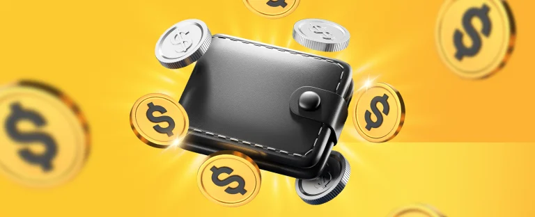 A black leather wallet is centred. Gold and silver dollar coins also feature. On a yellow background.