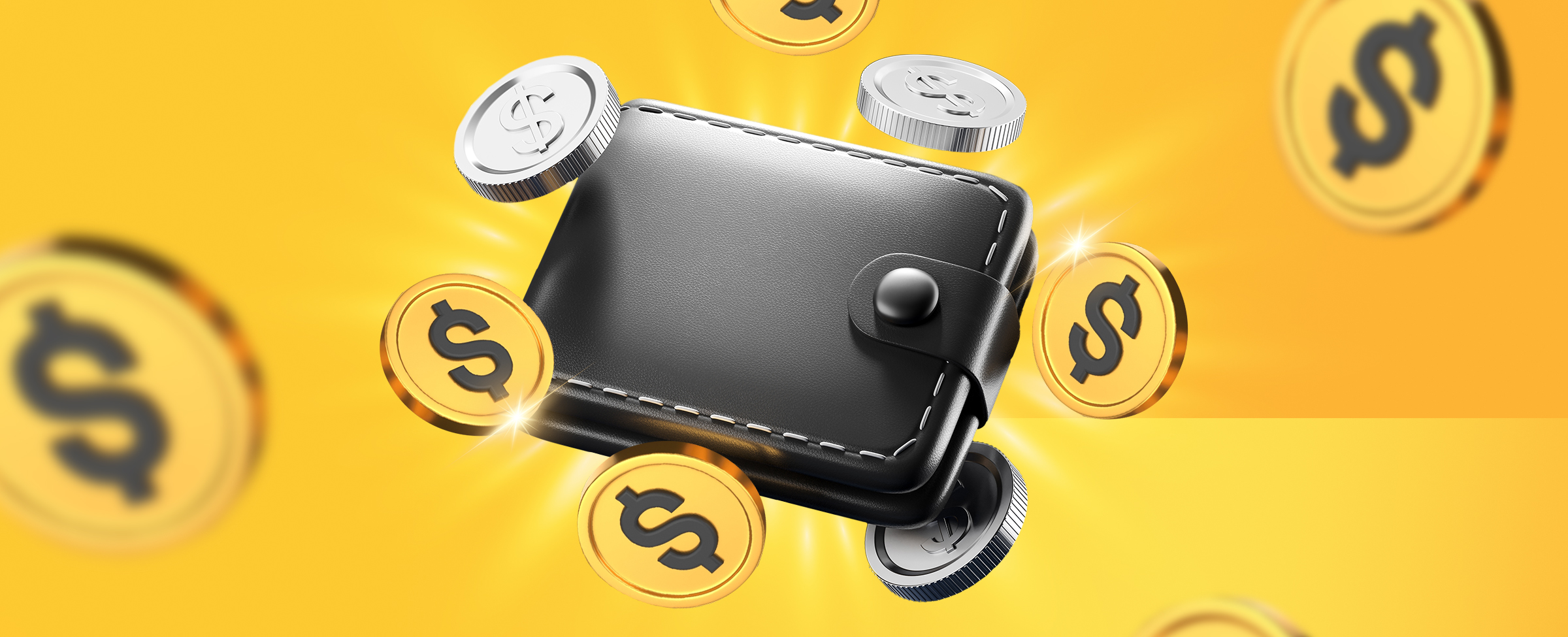 A black leather wallet is centred. Gold and silver dollar coins also feature. On a yellow background.