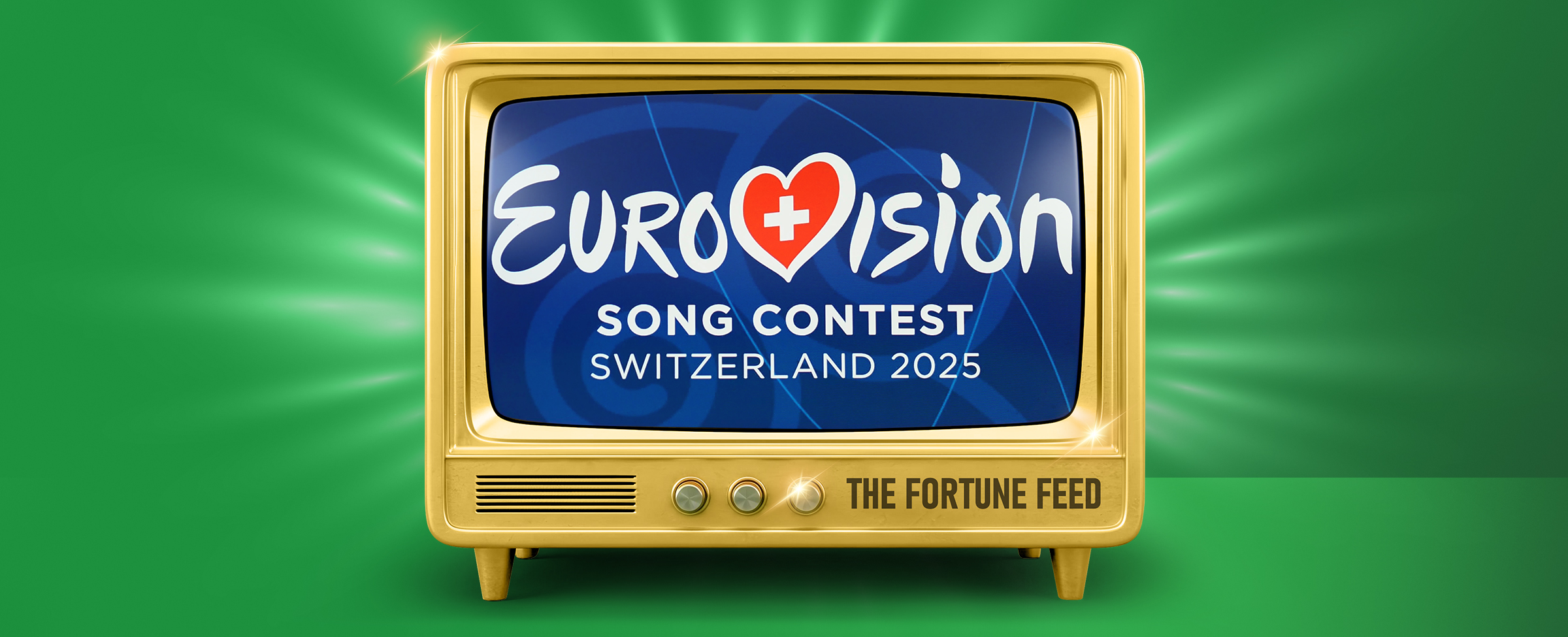 A golden television unit displays ‘Eurovision Song Contest Switzerland 2025’. On a green background