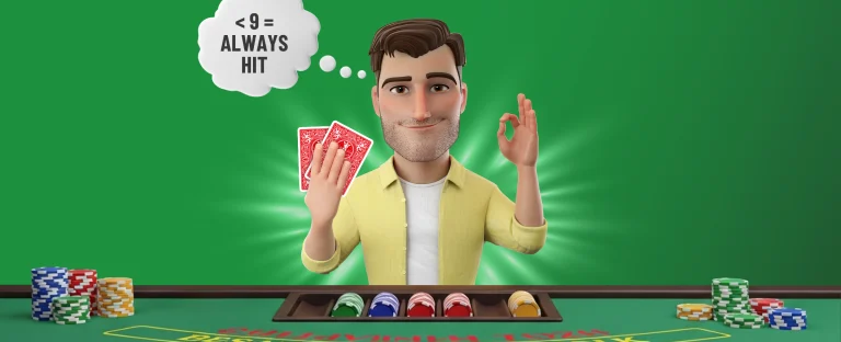 Image 1: A male animation character is sat at a blackjack table memorising a strategy to always hit on 9 or under. On a green background.