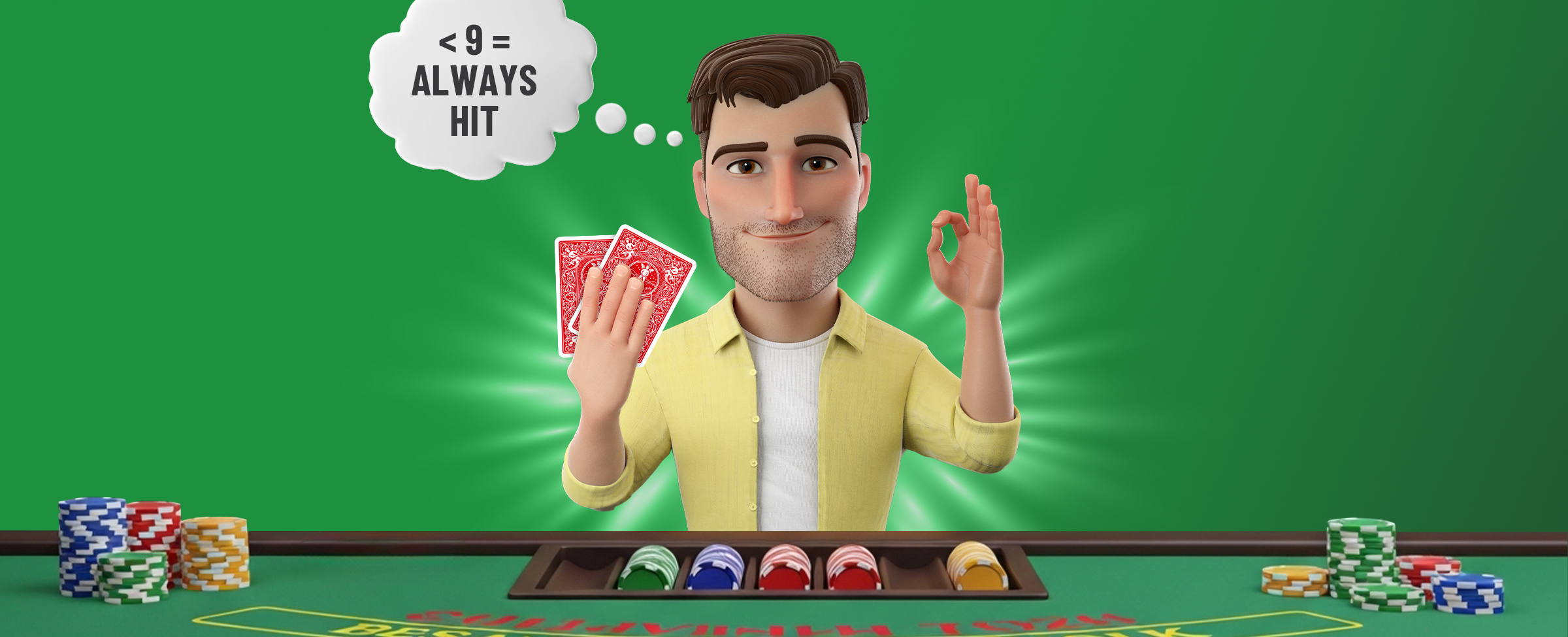 Image 1: A male animation character is sat at a blackjack table memorising a strategy to always hit on 9 or under. On a green background.