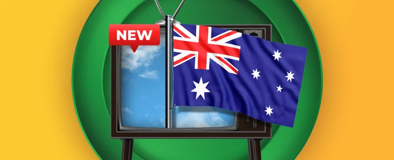 A TV unit, with an Australia flag coming out of it and a ‘new’ label on it is centred on a yellow background.