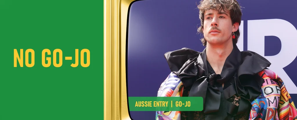 A golden television unit displays the Eurovision 2025 contestant representing Australia, Go-Jo, On a green background.