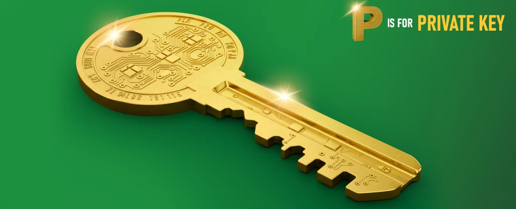 The image text reads ‘P is for Private Key’. A golden key also features. On a green background.