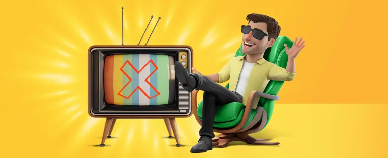 A male animation character has his feet up on a chair in a front room environment. A TV screen displays an ‘X’ mark on it. On a yellow background.