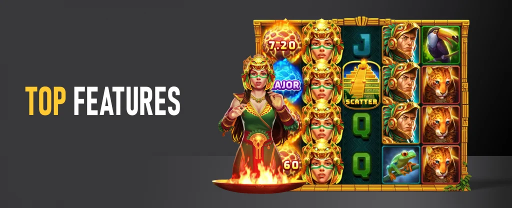 The reels of the Joe Fortune online pokie, Aztec Gold is displayed beside an Aztec lady. The text reads ‘Top Features’. On a dark background.