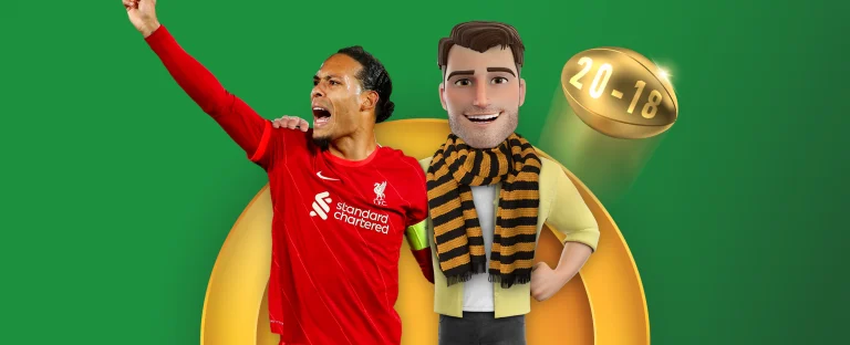 Liverpool star defender Virgil Van Dijk features alongside an animation character depicting a fan of NRL team Wests Tigers. On a green background.