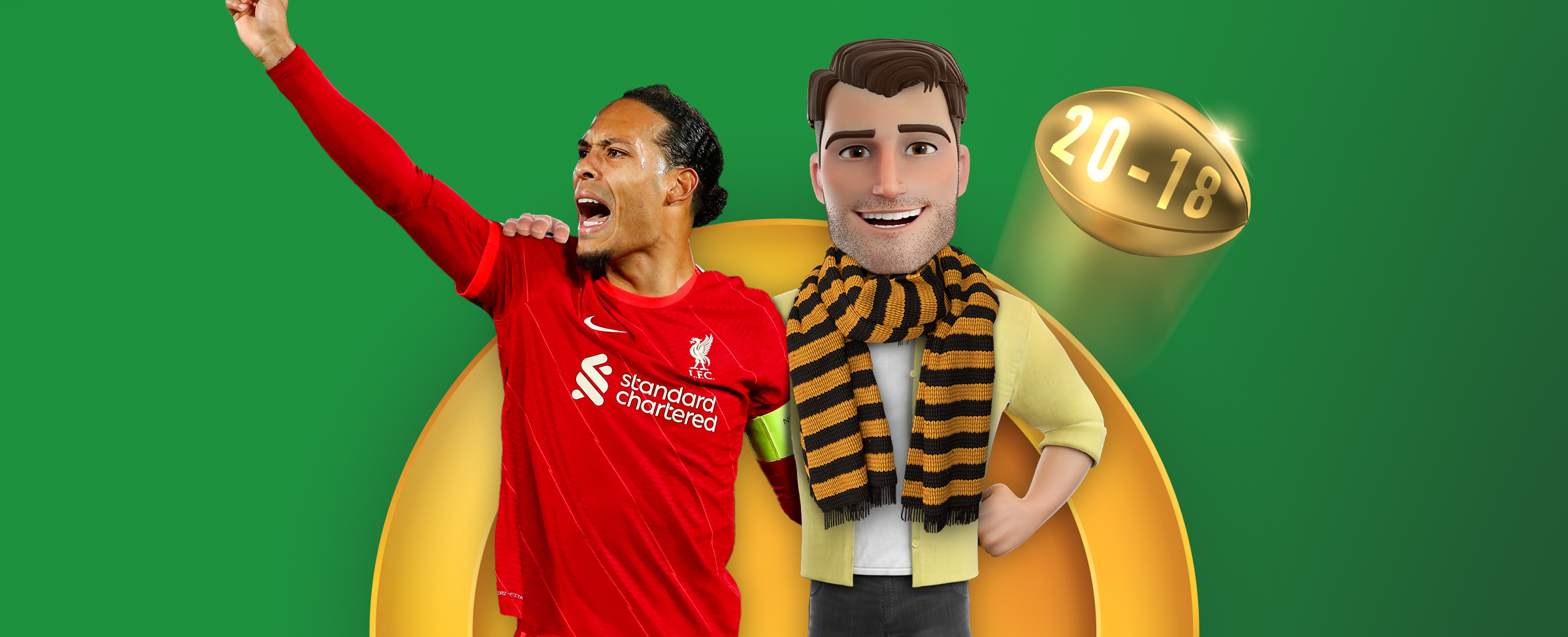 Liverpool star defender Virgil Van Dijk features alongside an animation character depicting a fan of NRL team Wests Tigers. On a green background.