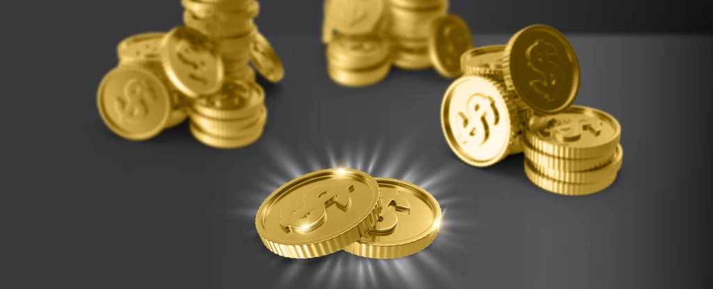 Stacks and piles of shiny gold coins with dollar signs on a dark background.