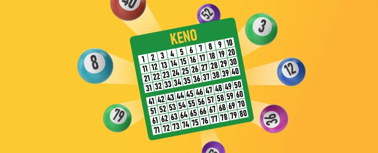 A colourful Keno game setup featuring a green Keno card on a yellow background. Surrounding the card are brightly coloured numbered balls representing drawn numbers in the game.