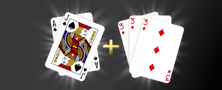 Two playing cards, an Ace and Jack of spades, are shown on the left, and three 3 of diamonds on the right, with a gold plus sign in between on a dark background.