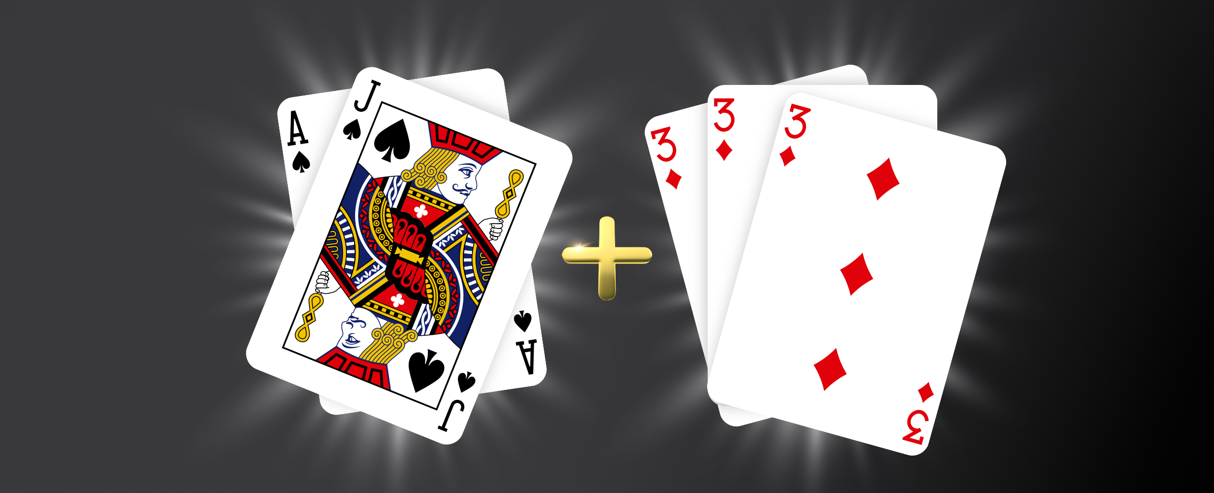 Two playing cards, an Ace and Jack of spades, are shown on the left, and three 3 of diamonds on the right, with a gold plus sign in between on a dark background.