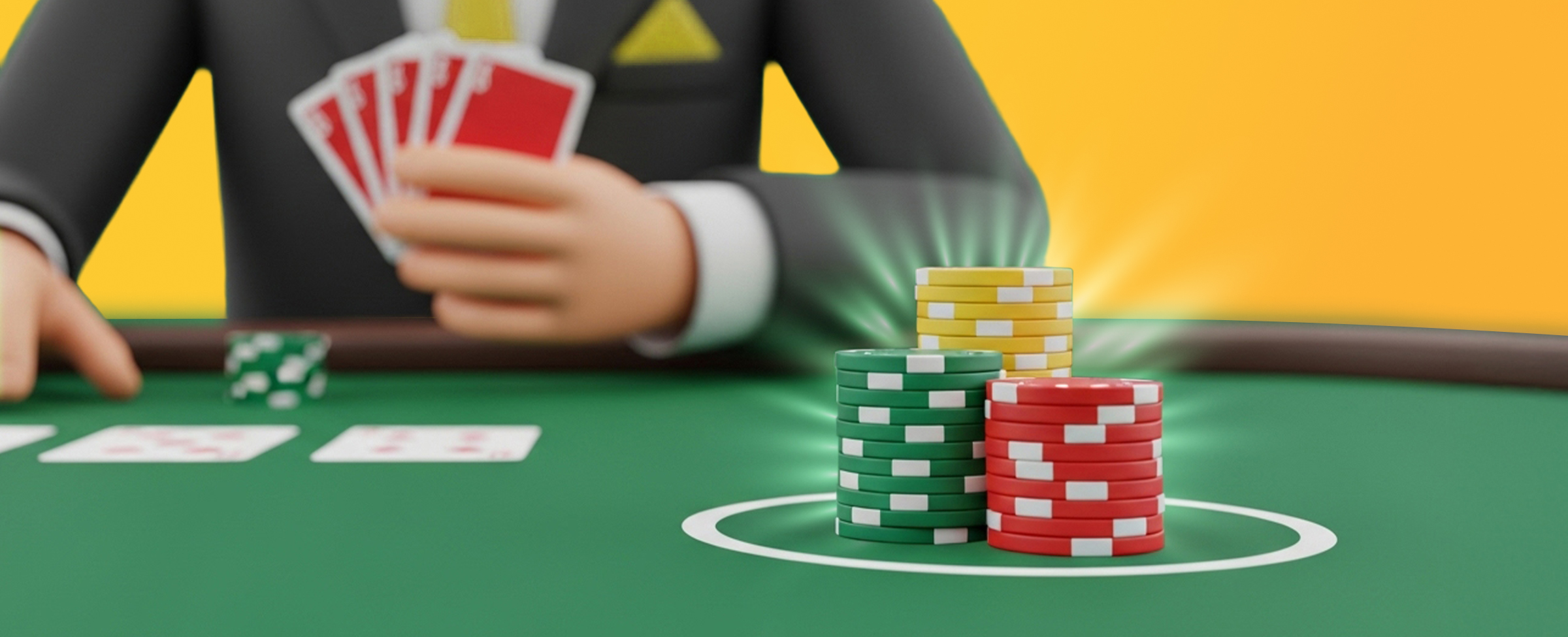 A cartoon style dealer in a suit holding red playing cards at a green poker table, with three glowing stacks of poker chips in green, red, and yellow, placed inside a white betting circle. All on a bright yellow background.