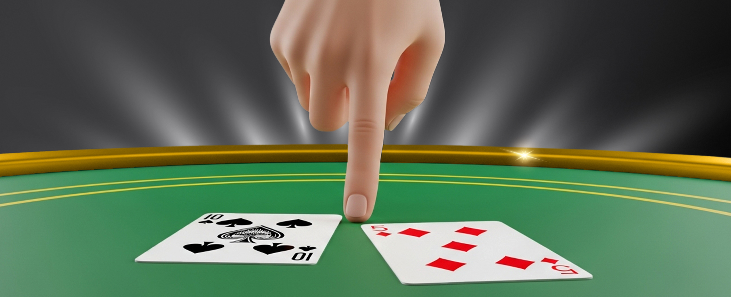 A hand pointing down at a pair of playing cards on a green blackjack table, 10 of spades and 5 of diamonds, representing a total of 15, with a dark background.