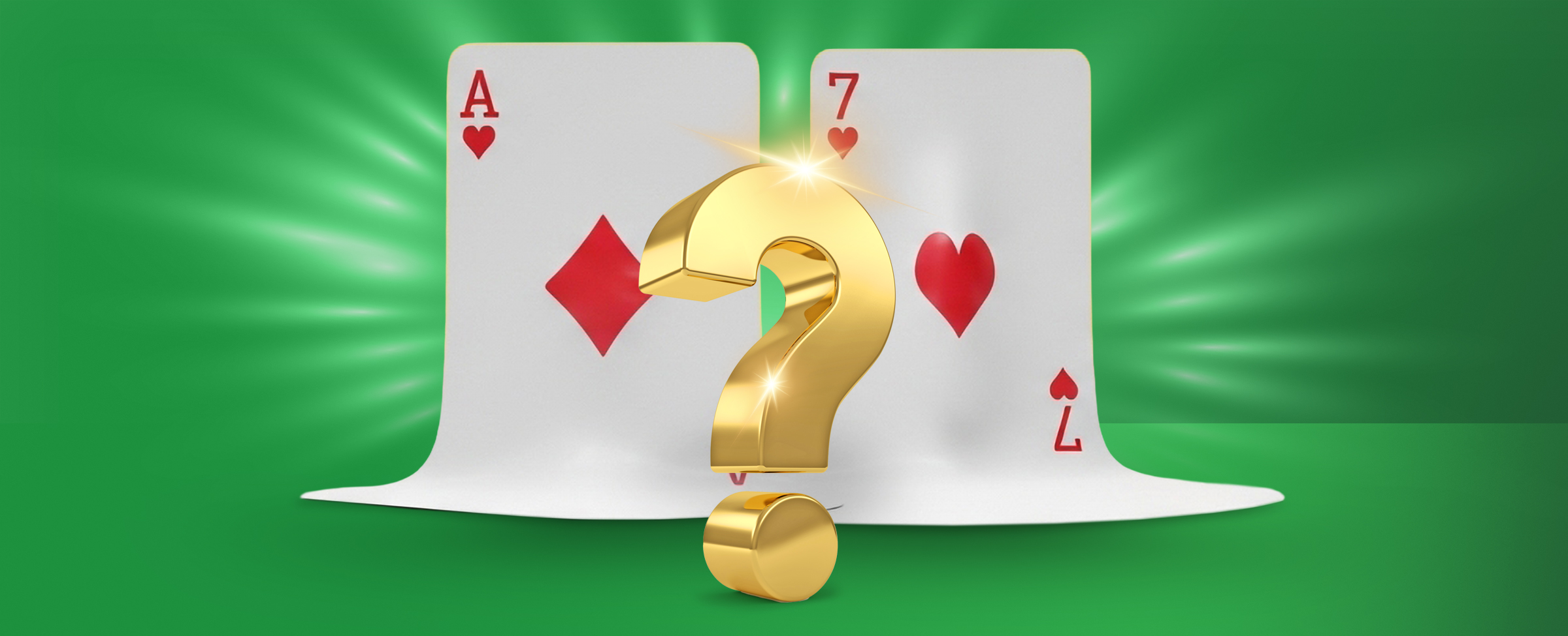 A shiny gold question mark in front of two playing cards on a glowing bright green background.