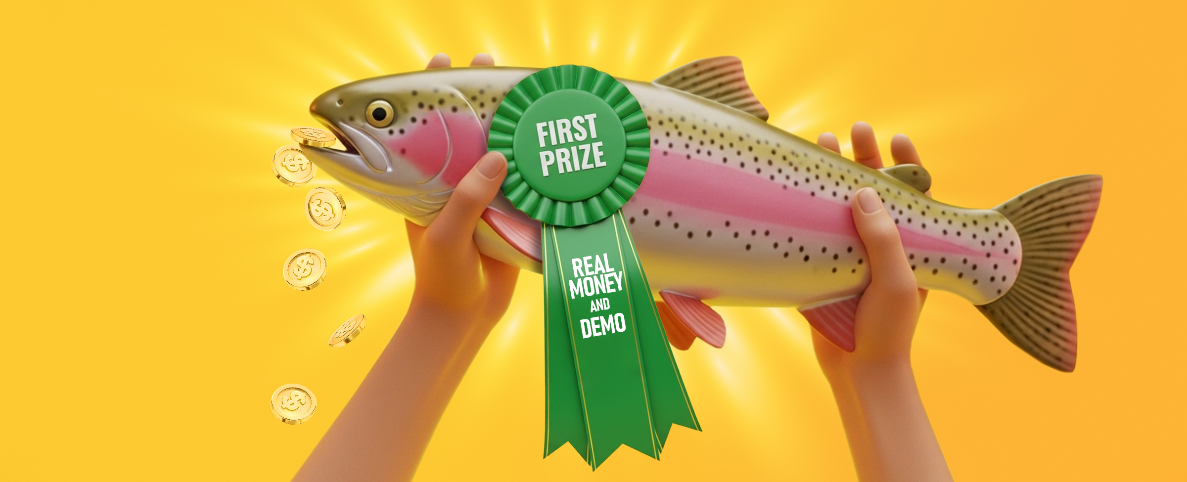 Two hands holding up a fish with a green ribbon on it reading “FIRST PRIZE – REAL MONEY AND DEMO.” Gold coins spill from the fish’s mouth, all set on a bright yellow background.