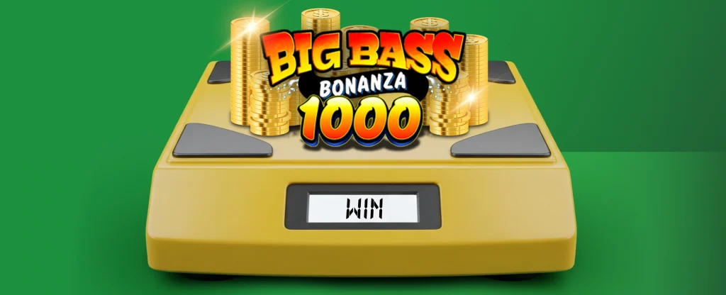 Stacks of shiny gold coins and the logo for the slot game “Big Bass Bonanza 1000,” on top of a yellow digital scale displaying the word “WIN” on its screen. All on a bright green background.