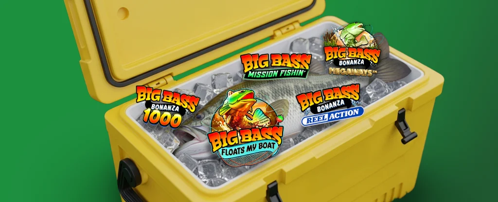 A bright yellow esky filled with ice and freshly caught bass fish, each overlaid with logos of Big Bass slot games including Big Bass Bonanza 1000, Mission Fishin’, Megaways, Floats My Boat, and Reel Action, on a bright green background.