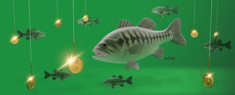 A group of bass fish swim toward shiny gold coins attached to fishing hooks on a bright green background.