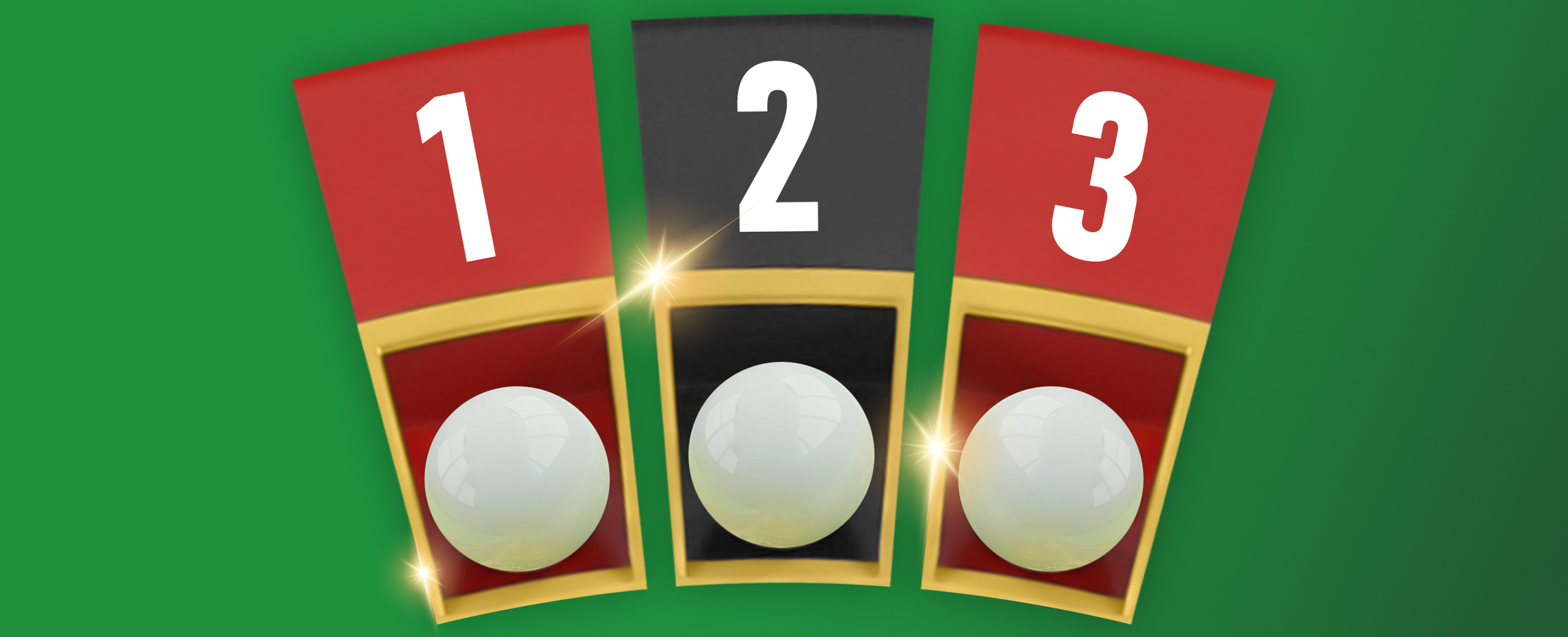 Three roulette pockets labeled 1 (red), 2 (black), and 3 (red), each holding a white ball, representing a street bet layout. The background is bright green with sparkles highlighting the pockets.