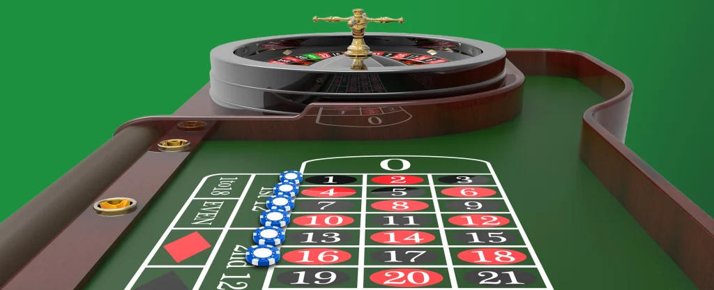A roulette table with blue chips placed in a vertical line covering the numbers 1, 4, 7, 10, 13, and 16. The roulette wheel is visible at the top of the image on a bright green background.