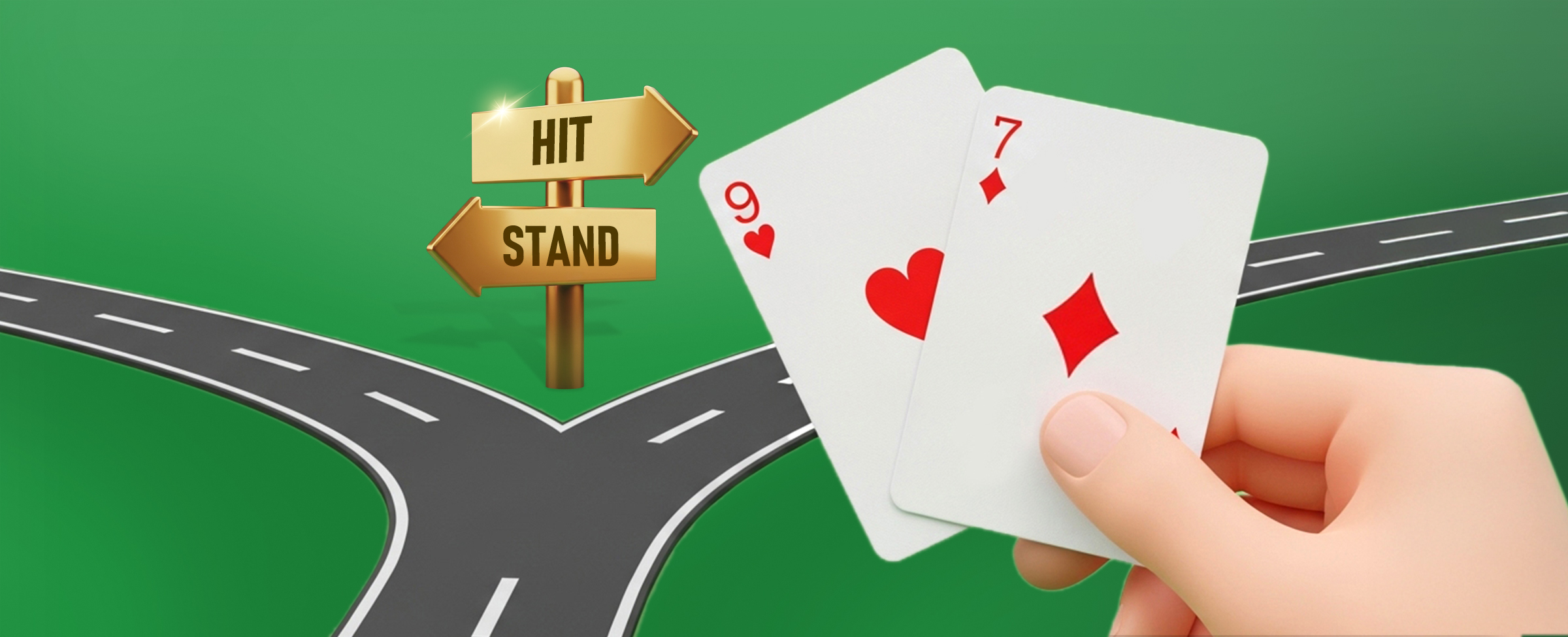A ‘9’ and a ‘7’ card from a blackjack deck are displayed forming a combination of ‘16’. A golden sign on the roadside pointing left and right displays ‘Hit’ and ‘Stand’.