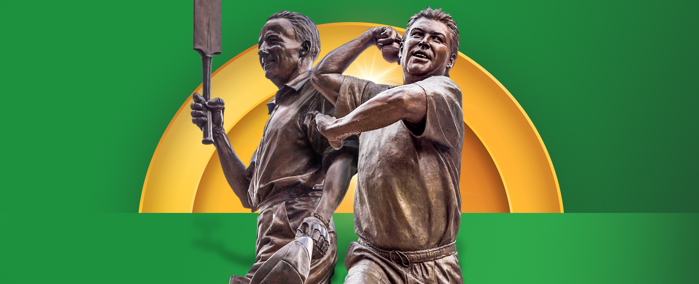 Bronze statues of two iconic Australian cricketers, one holding a bat and the other mid bowl, standing in front of a yellow arch on a bright green background.