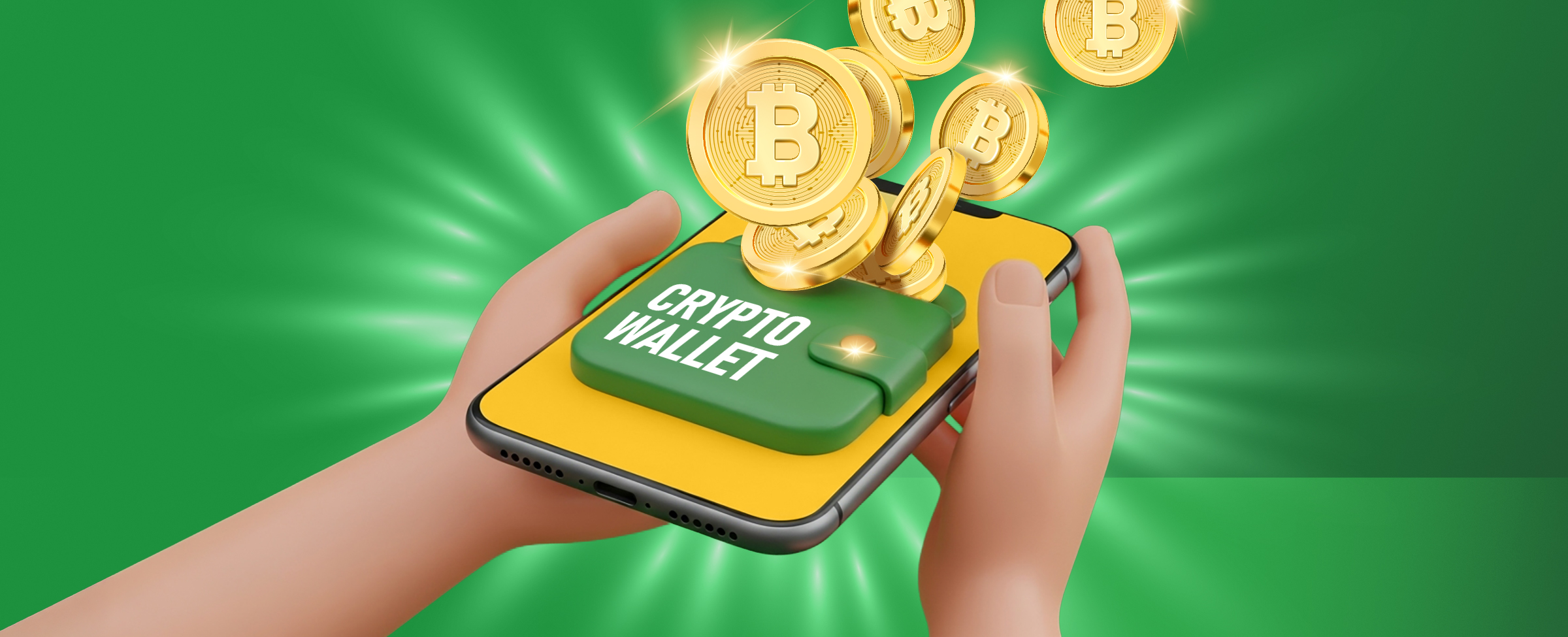 Hands holding a smartphone with a digital green wallet labelled “CRYPTO WALLET” on the screen, as gold Bitcoin coins appear to spill out, set against a bright green background with light rays.