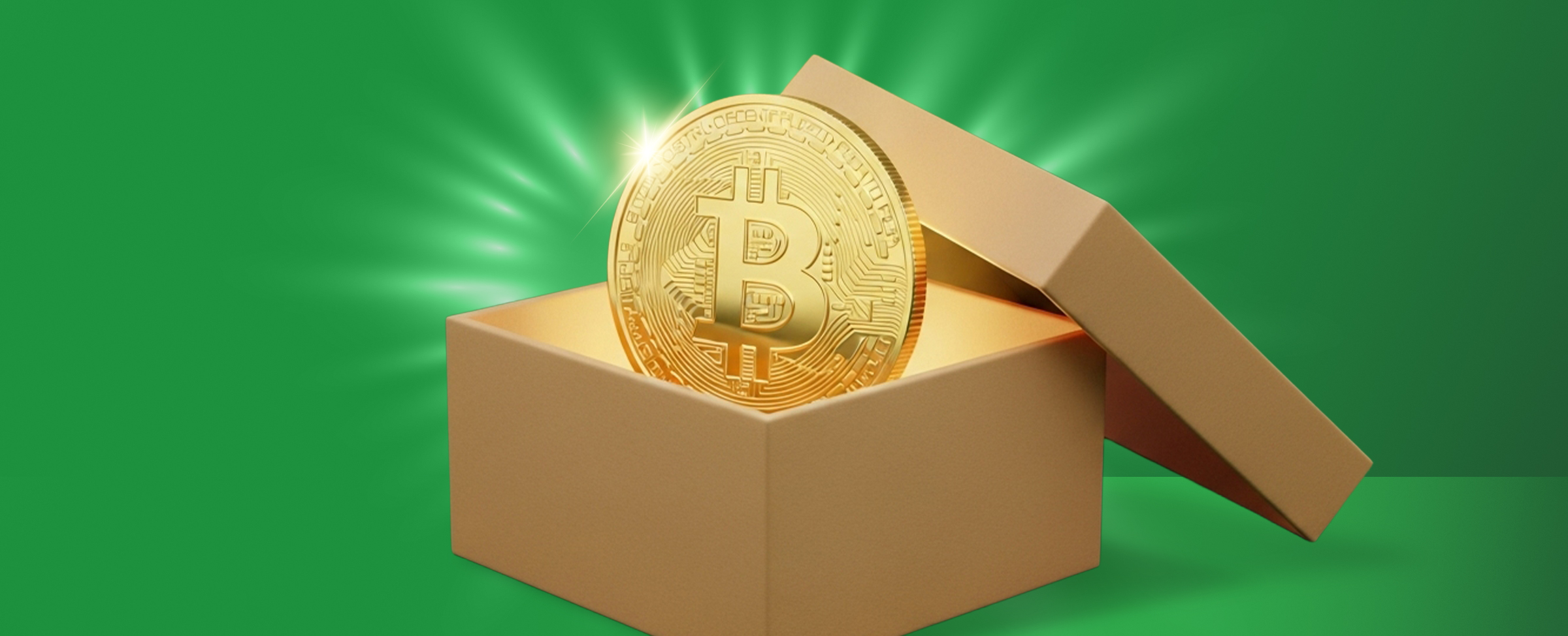 A golden Bitcoin coin glowing inside an open brown box, with radiant light beams shining outward against a bright green background.