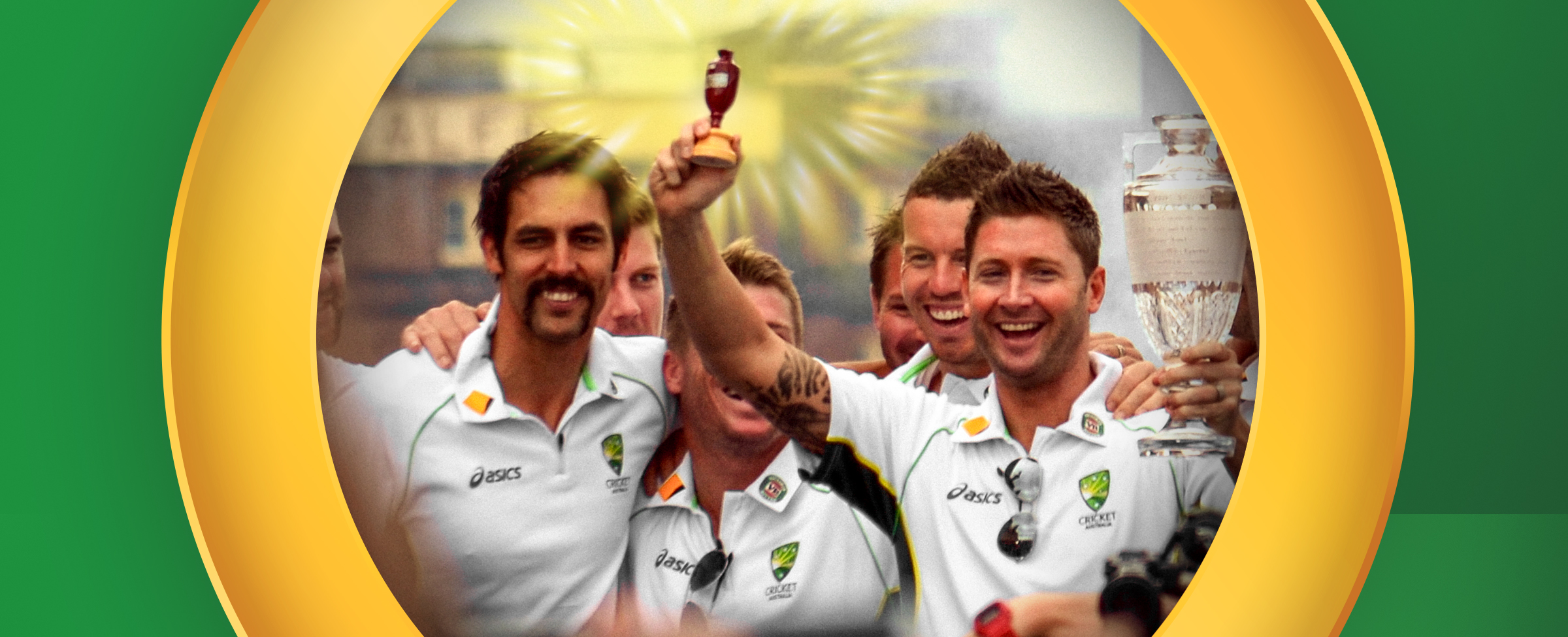 Australian cricket players celebrate a victory, smiling and holding up the Ashes urn and trophy, framed by a gold oval on a bright green background.