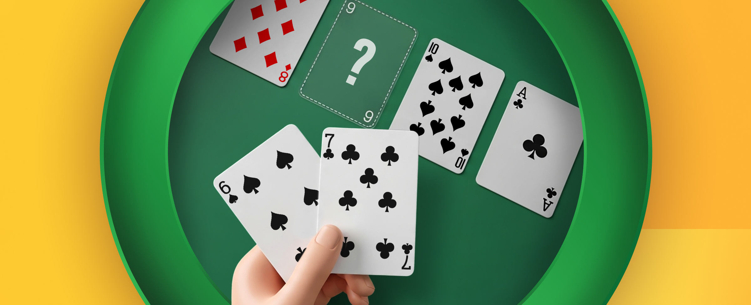A poker hand with a 6 of spades and 7 of clubs, with cards on a poker table showing the 8 of diamonds, 10 of spades, ace of clubs, and a face down card. All inside a green circle on a bright yellow background.