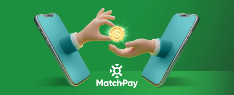 Two smartphones facing each other with a 3D hand reaches out from each phone. One hand is giving a glowing gold coin with a dollar sign to the other. Below the hands is the MatchPay logo and the word 'MatchPay' in white text. All on a bright green background.