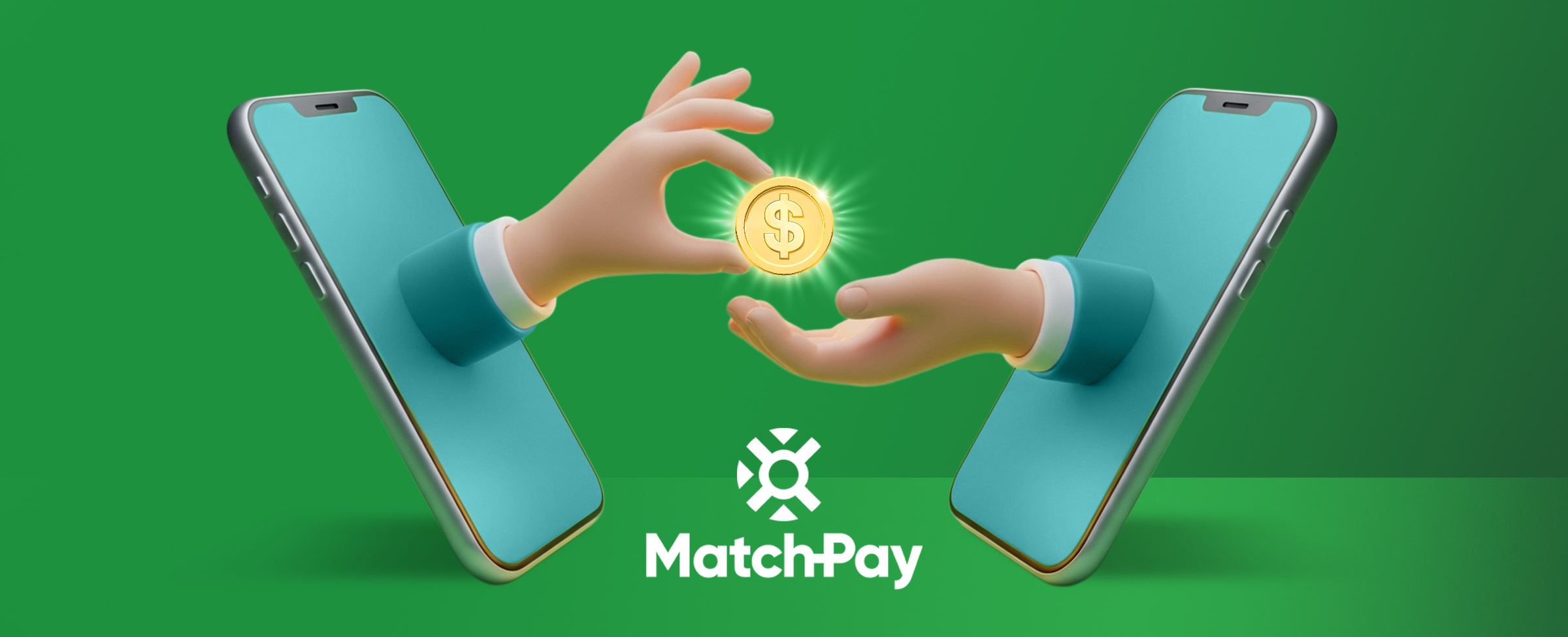 Two smartphones facing each other with a 3D hand reaches out from each phone. One hand is giving a glowing gold coin with a dollar sign to the other. Below the hands is the MatchPay logo and the word 'MatchPay' in white text. All on a bright green background.