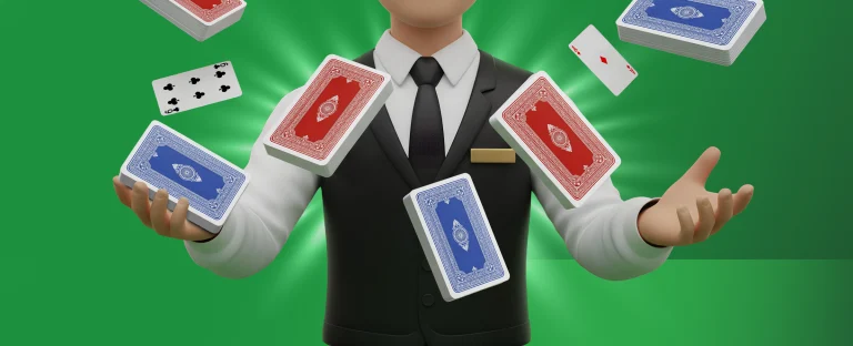 Dealer in a black vest juggling multiple playing cards and decks on a bright green background.