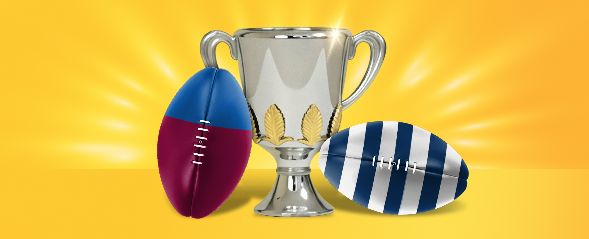 AFL Grand Final trophy with Brisbane and Geelong footies on a bright yellow backdrop.