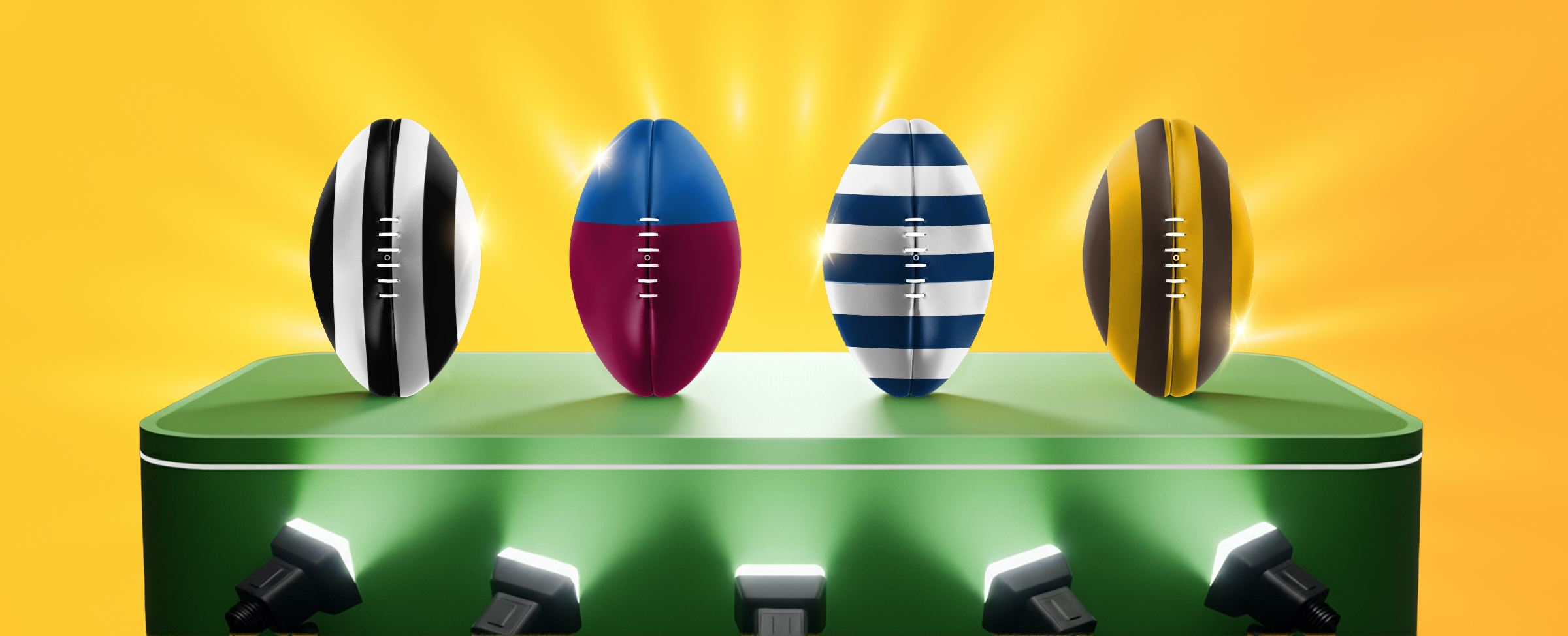 AFL preliminary finals preview featuring Collingwood, Brisbane, Geelong and Hawthorn team footballs on spotlight podium.