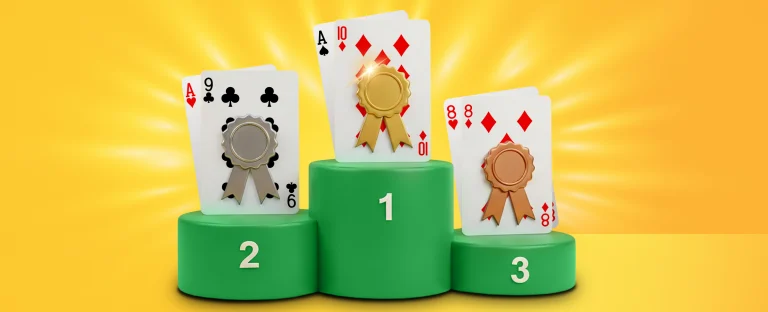 Three sets of playing cards displayed on a green podium ranking the best and worst blackjack hands. First place shows an Ace of Diamonds and Ten of Diamonds, second place shows an Ace of Hearts and Nine of Clubs, and third place shows a pair of Eights of Diamonds. All against a glowing, bright yellow background.