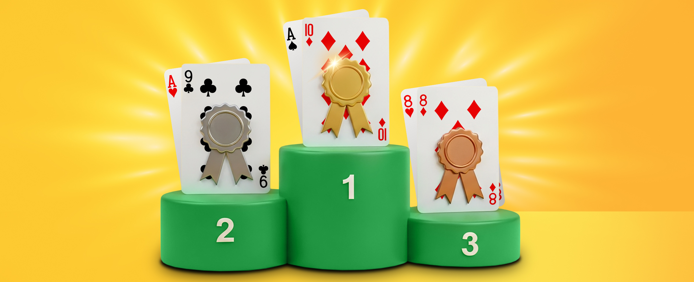 Three sets of playing cards displayed on a green podium ranking the best and worst blackjack hands. First place shows an Ace of Diamonds and Ten of Diamonds, second place shows an Ace of Hearts and Nine of Clubs, and third place shows a pair of Eights of Diamonds. All against a glowing, bright yellow background.