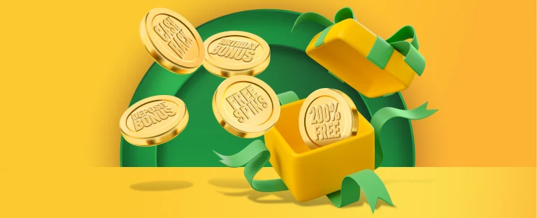 A yellow gift box with a green ribbon bursts open on a yellow and green background, releasing golden coins embossed with different bonus offers. The coins are labeled “Cash Back,” “Birthday Bonus,” “Deposit Bonus,” “Free Spins,” and “200% Free.”