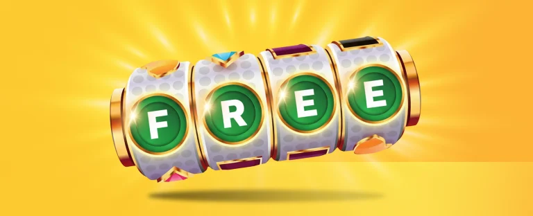 Slot machine/poker machine reels with four columns displaying green circles, each showing a white letter that spells out "FREE," on a bright yellow background with glowing rays.