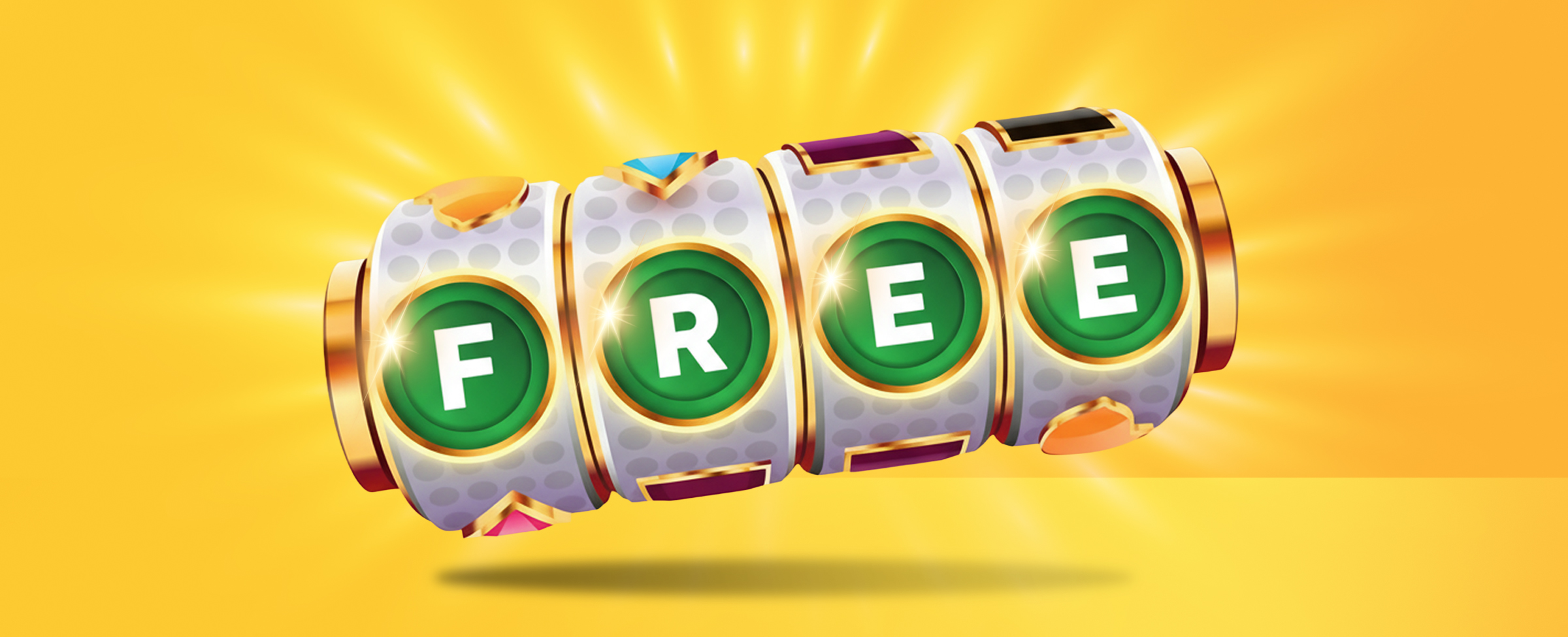 Slot machine/poker machine reels with four columns displaying green circles, each showing a white letter that spells out "FREE," on a bright yellow background with glowing rays.