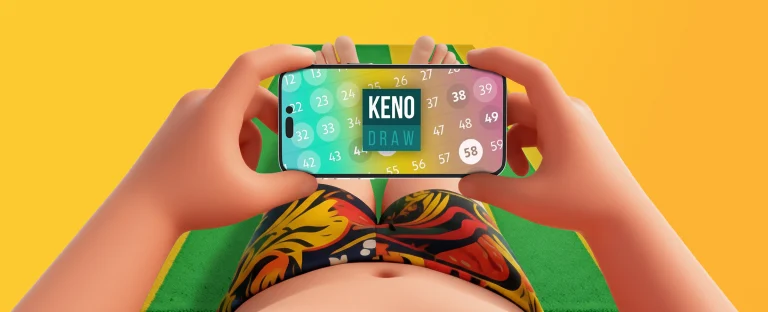 A person lying on a green towel in swimwear holding a smartphone above them. The screen shows a colourful Keno draw with numbers displayed and the text “KENO DRAW” in bold white and teal letters. All on a bright yellow background.