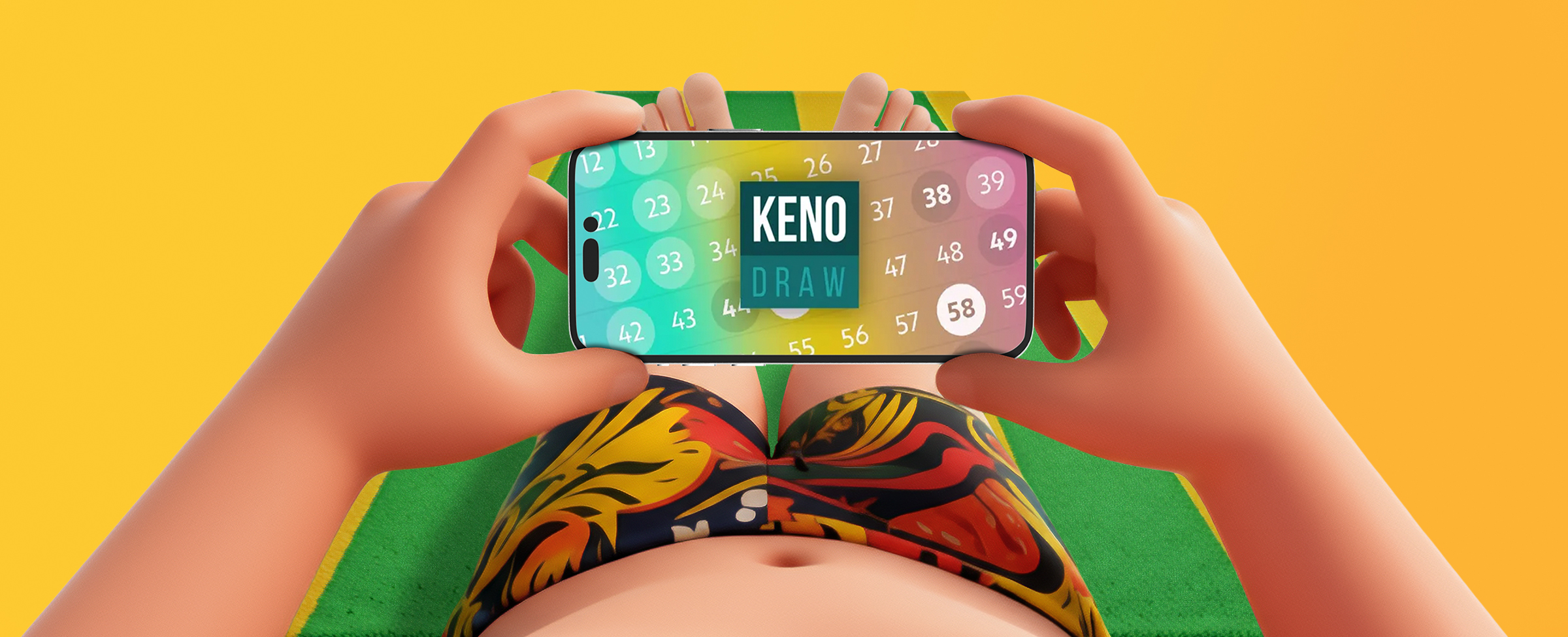 A person lying on a green towel in swimwear holding a smartphone above them. The screen shows a colourful Keno draw with numbers displayed and the text “KENO DRAW” in bold white and teal letters. All on a bright yellow background.