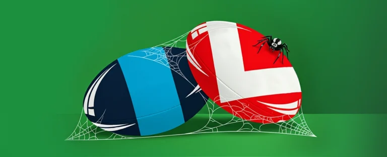 Titans and Dolphins rugby balls covered in spider webs with a cartoon spider sitting on top, symbolising teams left out of NRL finals.