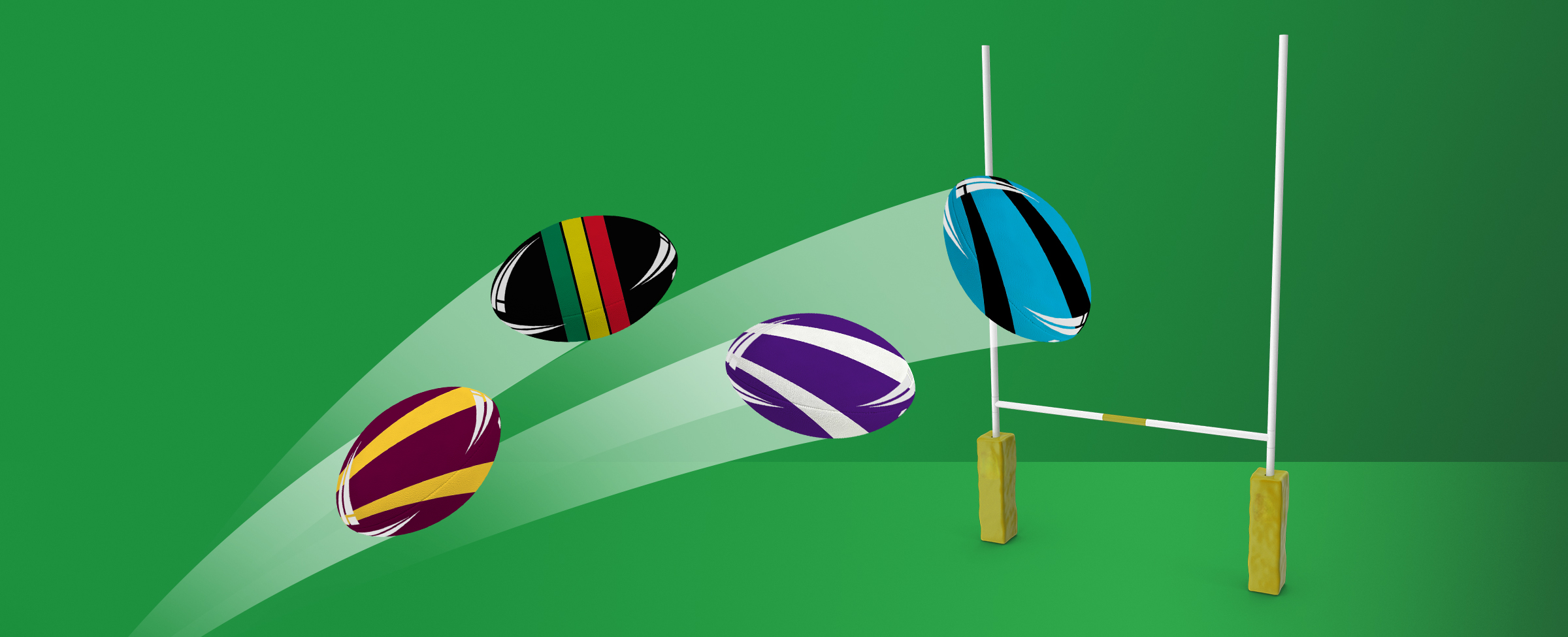 NRL Finals 2025 graphic with Broncos, Panthers, Storm and Sharks rugby balls flying towards the goalposts.